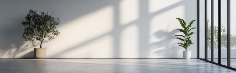 Modern gallery interior featuring an empty gray wall and concrete flooring 3D rendering