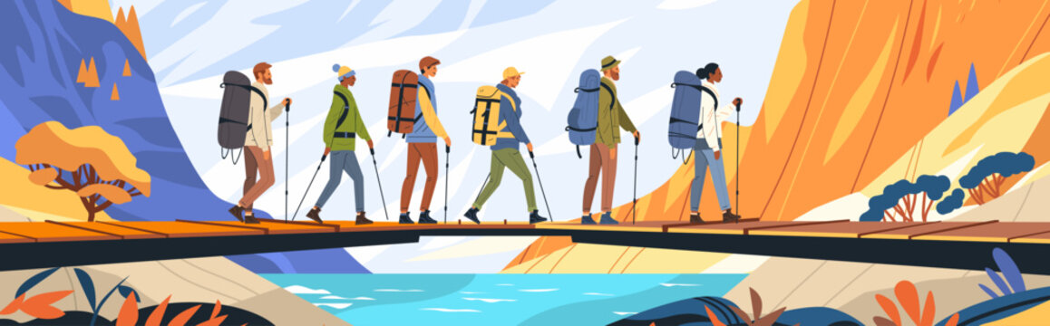 Hikers trekking on a bridge in mountains colorful landscape diverse group of people with backpacks scenic nature background outdoor adventure concept