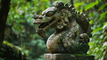 Naga Moss-Covered Stone Dragon Sculpture in a Lush Green Forest