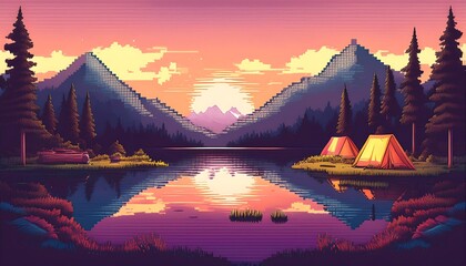 Pixelated Mountain Campground at Dusk - 16 bit pixel art depiction of a lake nestled between mountains with tents. Game design poster. Graphic art 8 bit illustration