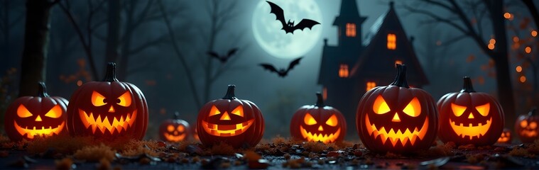 Glowing Jack-o'-lanterns in a dark forest, with a haunted house and full moon overhead