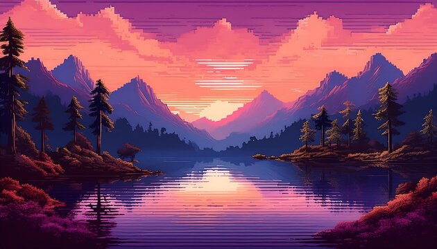 Pixelated Alpine Sunset - 16 bit pixel art lake nestled between rugged mountain slopes at sunset. Game design outdoor adventure poster. Graphic art 8 bit illustration