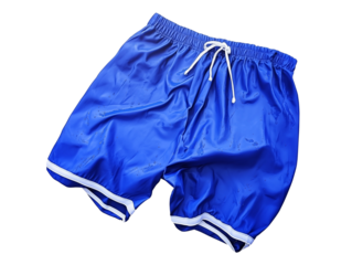 Bright blue swim shorts on a white background showcasing a casual summer accessory perfect for beach or pool activities. Isolated on transparent background.