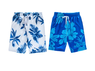 Two pairs of tropical-themed swim trunks displayed against a transparent background. Isolated swim wear.