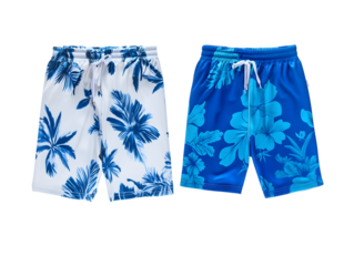 Two pairs of tropical-themed swim trunks displayed against a transparent background. Isolated swim wear.