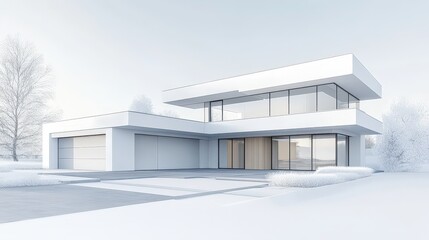 Fototapeta premium A white house with a garage and a driveway