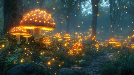 Naklejka premium Magical forest with glowing mushrooms and sparkling lights perfect for creating an enchanting wallpaper scene