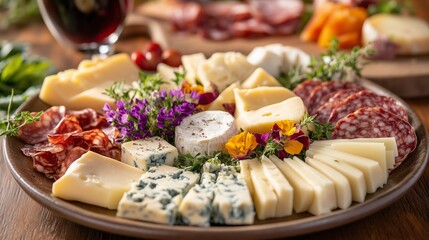An impressive cheese platter with cured meats, wine, and flowers invites indulgence in warm light.