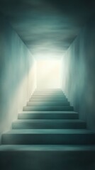 A staircase with a blue wall and a white door
