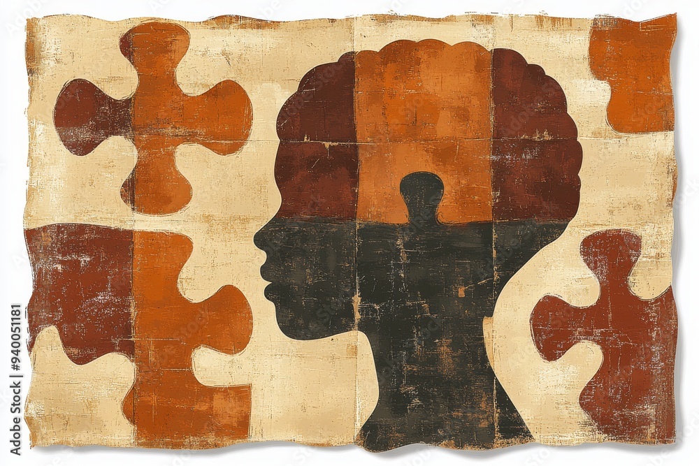 Canvas Prints Vintage artwork of a human head with large puzzle pieces symbolizing the challenges of piecing together the identity and the fragmented aspects of the self