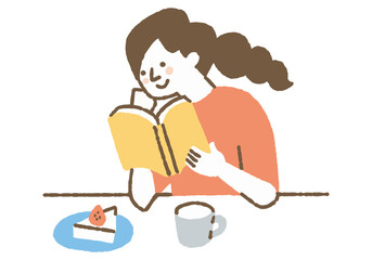Woman reading a book while eating cake_color