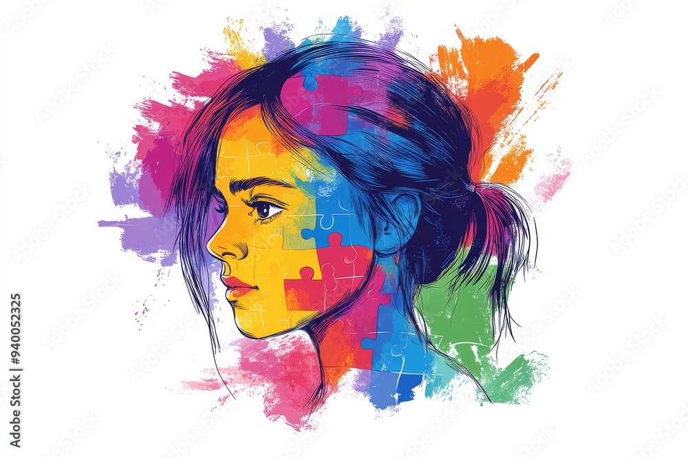 Sticker Colorful abstract portrait of a woman with splashes of paint symbolizing the creative chaos and vibrant energy of the artistic mind and imagination