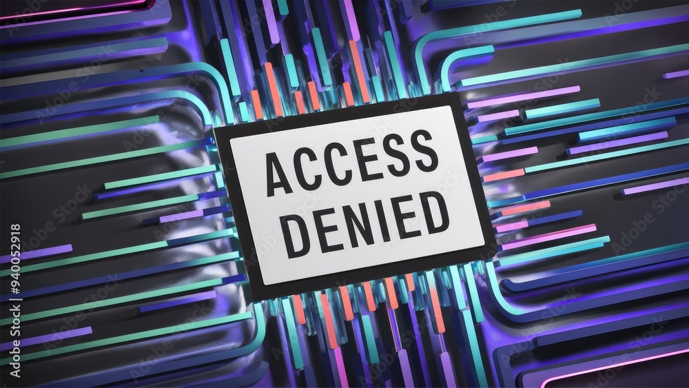 Poster 3d rendering of access denied message featuring technological failure effects and screen glitches