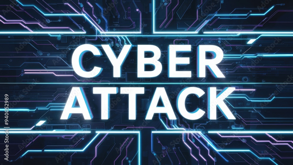 Poster 3d rendering of cyber attack text featuring screen effects and technological glitches with dynamic i