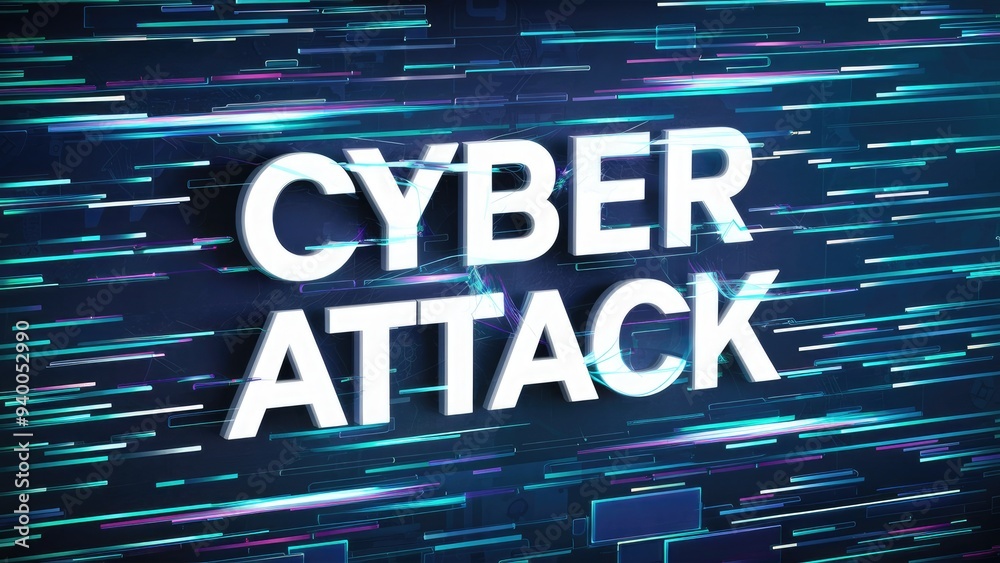 Poster 3d rendering of cyber attack text featuring screen effects and technological glitches with dynamic i