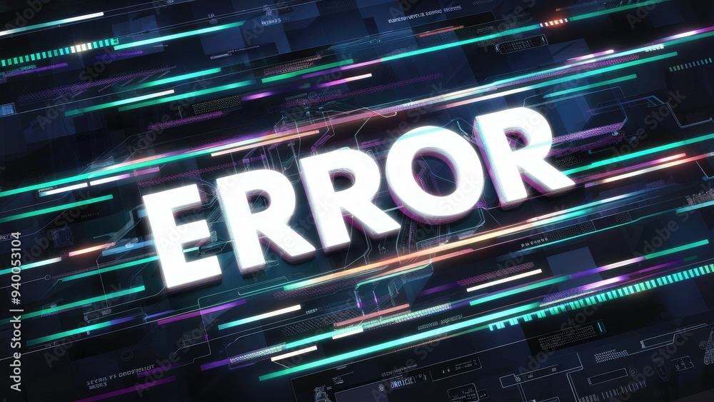 Poster 3d rendering of error text with technological glitch effects and screen interference