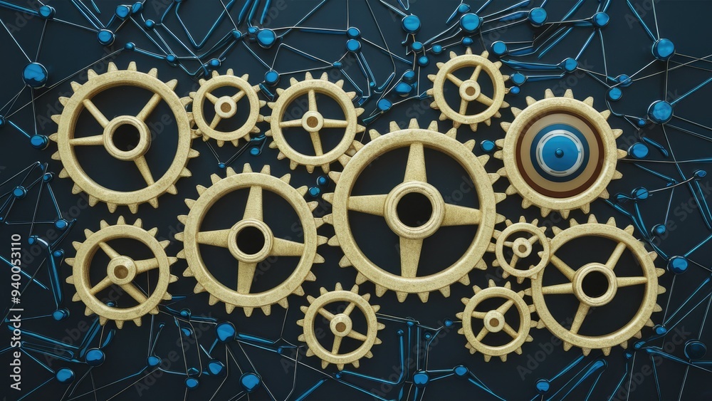 Poster 3d rendering of interconnected gears in a network design