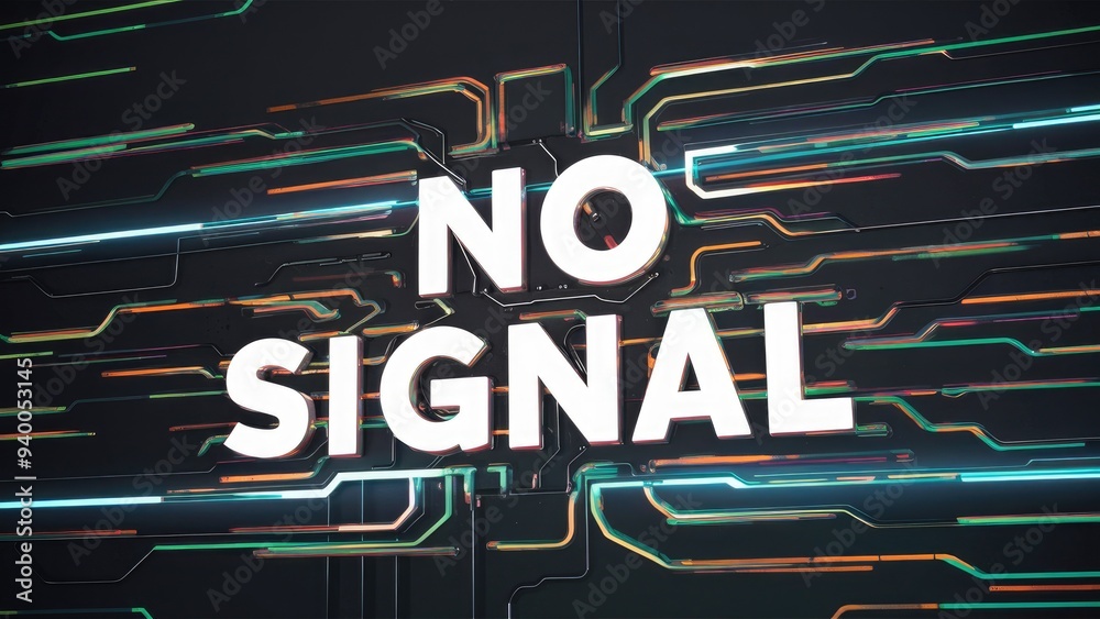 Poster 3d rendering of no signal text with technological glitch effects and interference