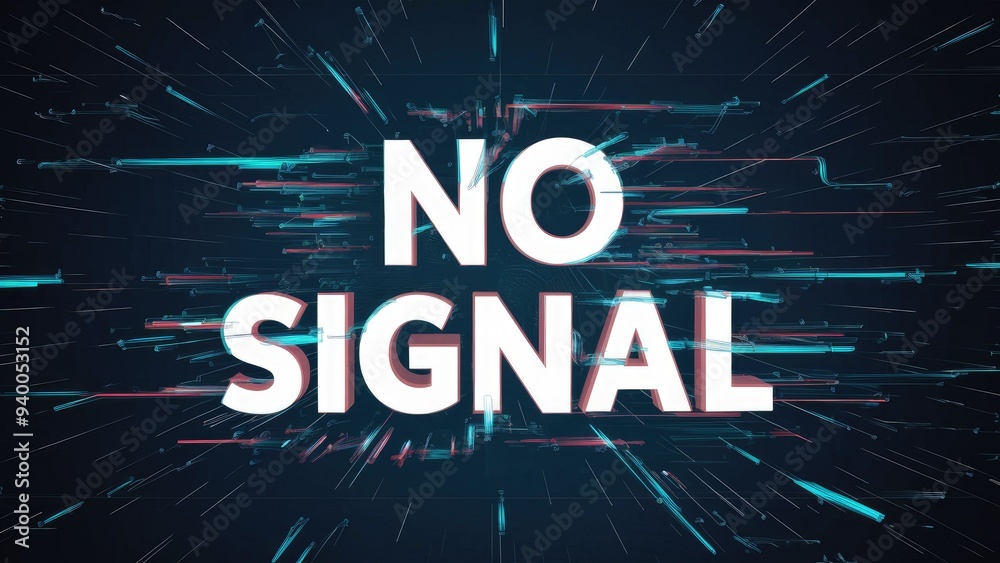 Poster 3d rendering of no signal text with technological glitch effects and interference