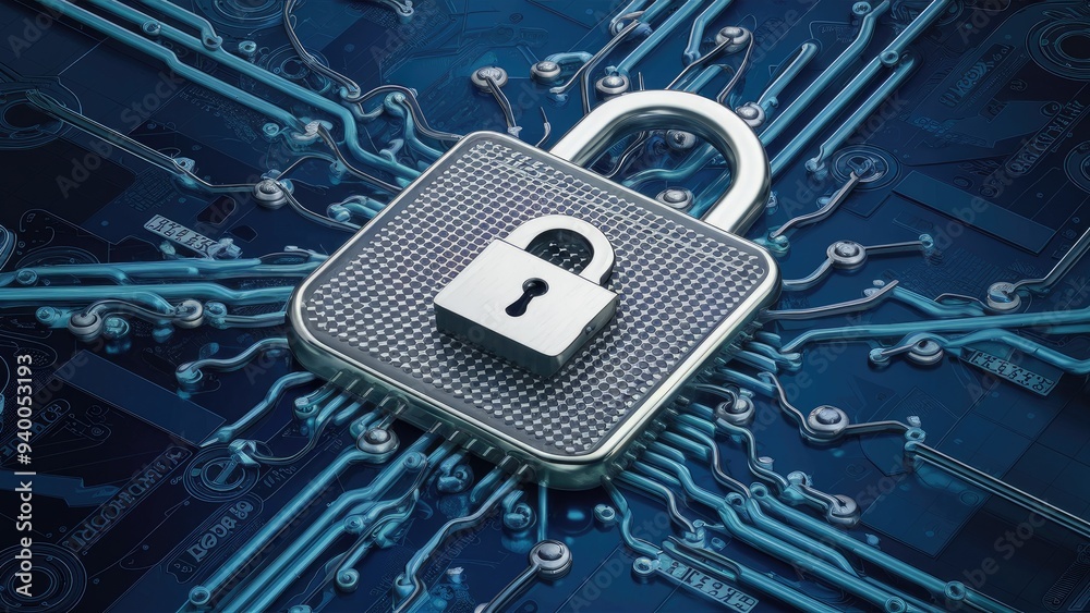 Poster 3d rendering of secure microchips with lock protection