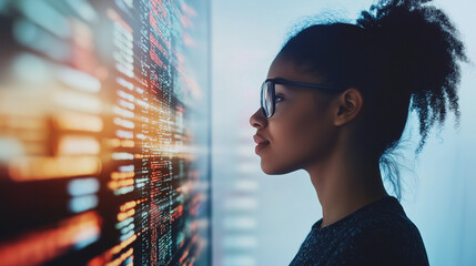 Female IT specialist learns to analyze code and data technology, cyber security, impact of artificial intelligence augmented reality, side profile, copy space. AI generation