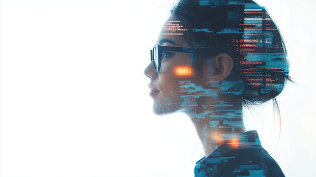 Female IT specialist learns to analyze code and data technology, cyber security, impact of artificial intelligence augmented reality, side profile, copy space. AI generation