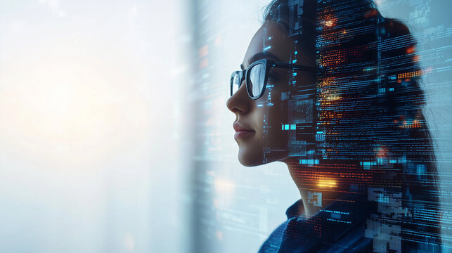 Female IT specialist learns to analyze code and data technology, cyber security, impact of artificial intelligence augmented reality, side profile, copy space. AI generation - Powered by Adobe