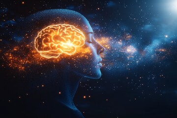 Fototapeta premium Abstract digital art of a cosmic brain surrounded by swirling galaxies symbolizing the boundless possibilities of the human mind and the universes influence on thought