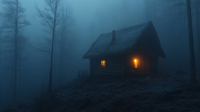 Enchanting Baba Yaga Hut Glowing with Lantern Light in Misty Evening - Fantasy Fairytale Scene