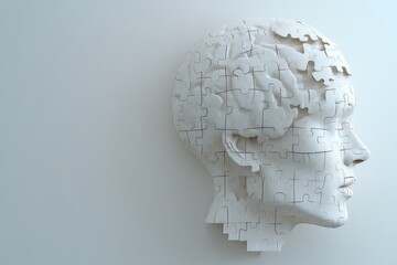 Minimalistic white sculpture of a human head constructed from puzzle pieces representing the fragility of identity and the ongoing journey of self assembly