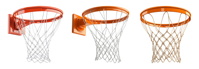 Basketball hoops with nets in different angles isolated on transparent background