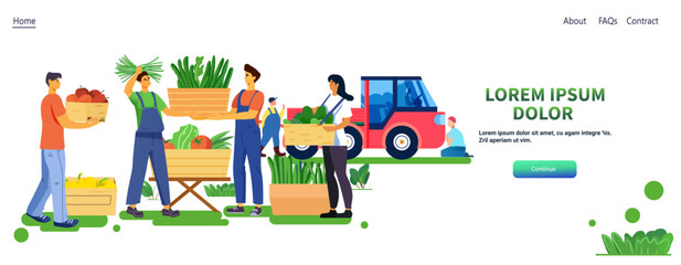Fototapeta premium Farmers market with fresh produce vegetables and fruits people carrying baskets red tractor in background website design template
