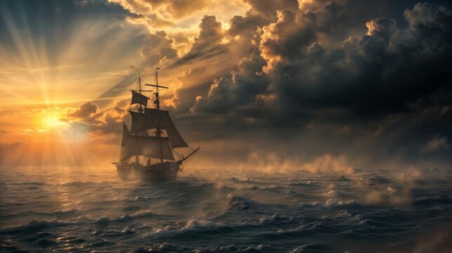A grand sailing ship navigates through rough seas toward a stormy sunset, with dramatic clouds and sun rays piercing through..