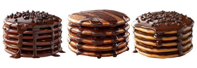 Stack of chocolate pancakes with syrup drizzling isolated on transparent background