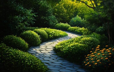Obraz premium A picturesque garden path made of stones, surrounded by vibrant greenery and blooming flowers in the warm sunlight.