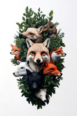 A stunning artistic collage of multiple fox faces surrounded by lush green leaves, capturing the beauty of wildlife.