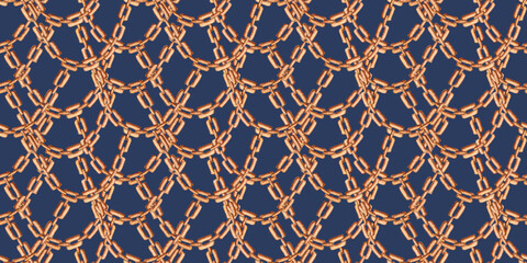 Gold chain with a frequent weave pattern on a blue background watercolor illustration. Jewelry, accessories or anchor chain. Vintage links isolated from background. Can be used in cards, posters, 