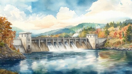 Watercolor illustration of a dam utilized for irrigation and water supply surrounded by stunning natural scenery