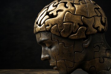 Abstract sculpture of a human head with a brain made of bronze puzzle pieces symbolizing the strength complexity and enduring nature of human thought