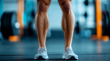 Naklejka premium Close-up of a person's muscular legs and calves at the gym, wearing white sneakers and standing on a mat. Weight plates in the background.