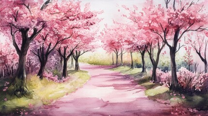 Naklejka premium Watercolor illustration of a hand painted spring landscape featuring a blooming pink cherry garden