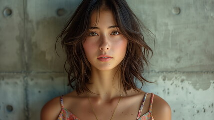 Naklejka premium コンクリートの壁の前にいる若いファッションモデルの女性