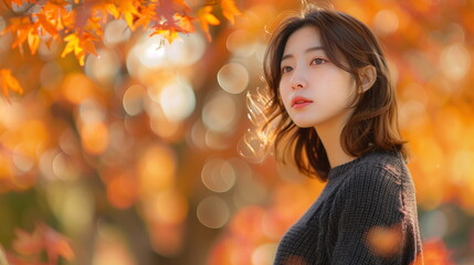 秋の公園を歩く若いファッションモデルの女性