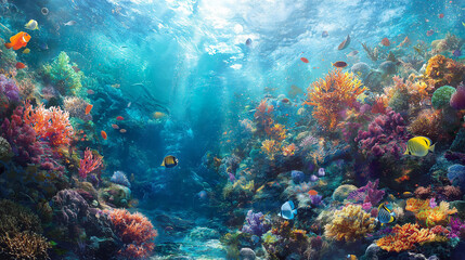 Background of Vibrant Underwater Coral Reef with Diverse Marine Life Colorful Corals and Clear Water