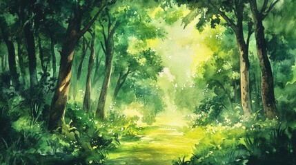 Watercolor illustration of a lush green forest