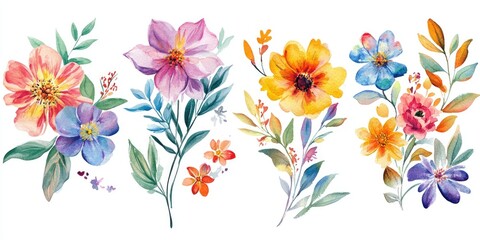 Watercolor floral bouquets featuring vibrant flowers and leaves against a white backdrop
