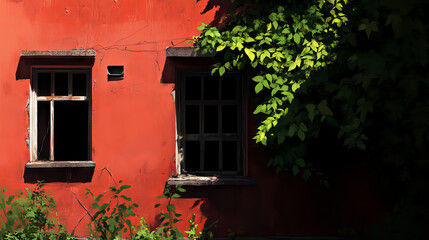 Old red building with broken windows, overgrown with green foliage. Contrasting colors create a rustic and mysterious atmosphere.