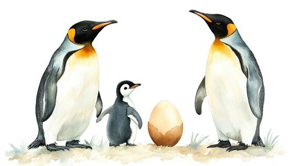Obraz premium Watercolor illustration of a penguin family with an egg