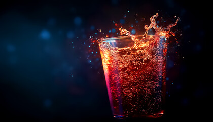 Refreshing glass of soda with ice cubes, splashing liquid in dark background, high-speed photography capturing the effervescent carbonation.