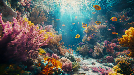 Fototapeta premium Background of Vibrant Underwater Coral Reef with Diverse Marine Life Colorful Corals and Clear Water